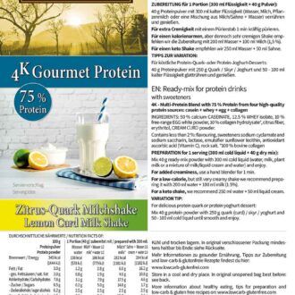 Protein ZITRUS-QUARK MILCHSHAKE Proteinshake Ketoshake Proteinpulver Lemoncurd - Etikett