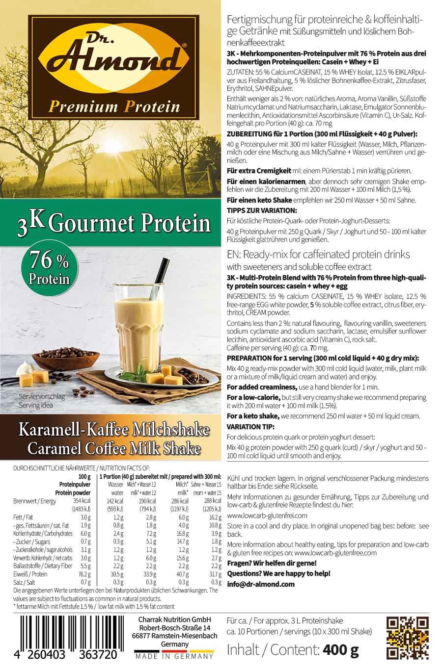 3K Gourmet Protein KARAMELL KAFFEE MILCHSHAKE Mehrkomponenten Proteinshake | Keto Proteinkaffee | 76 % Protein | vegetarisch |