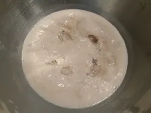 Die Hefelösung ca. 30 Minuten zugedeckt stehen lassen (es bildet sich ein Schaum auf der Oberfläche).