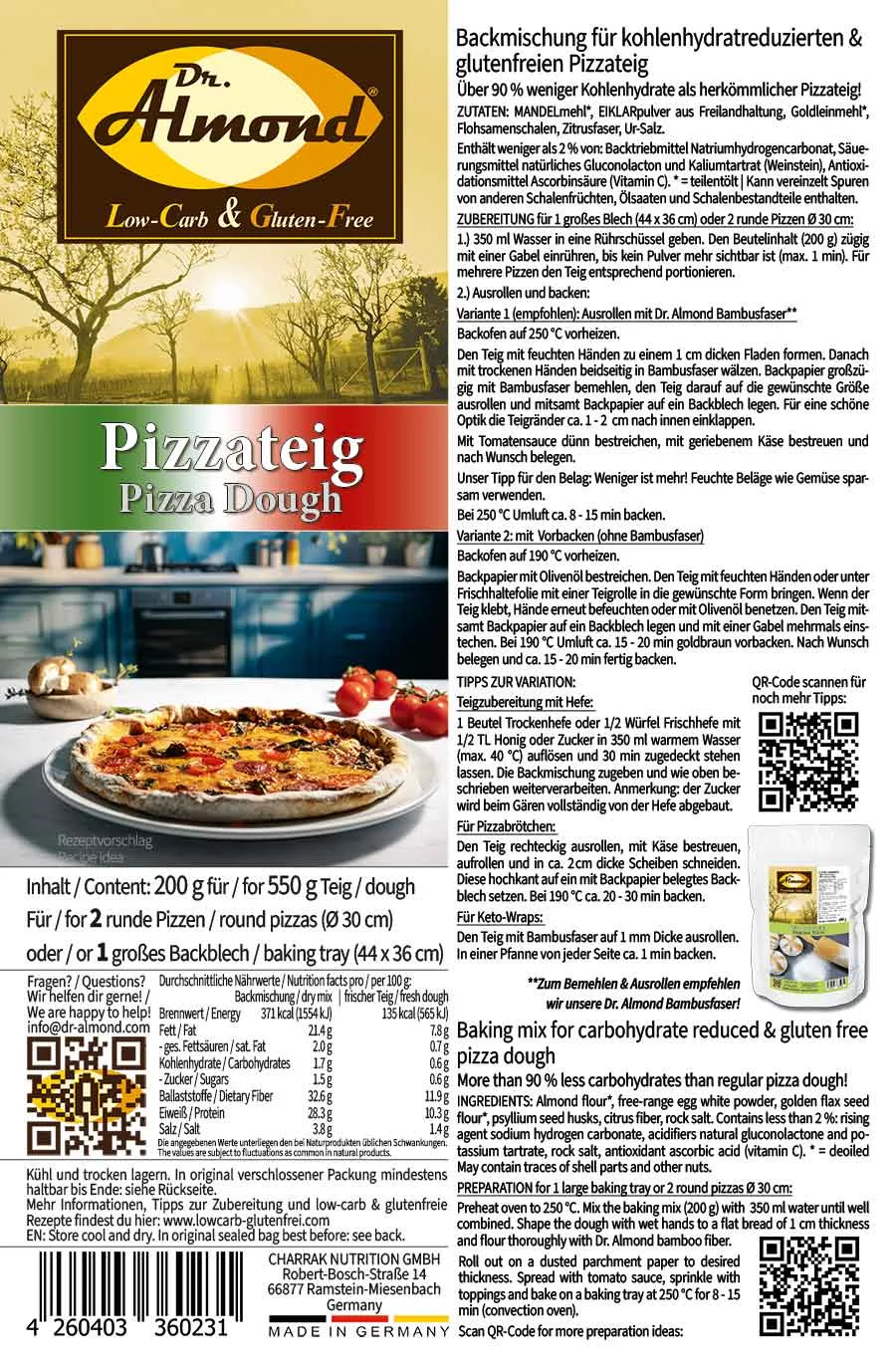 Pizzateig low-carb glutenfrei sojafrei keto Backmischung Pizza Mischung für 2 Pizzen
