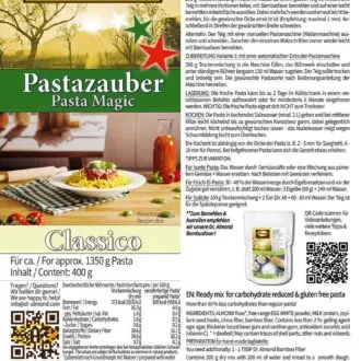 Pastazauber Classico low-carb-glutenfreie Nudeln keto Pastamehl Etikett