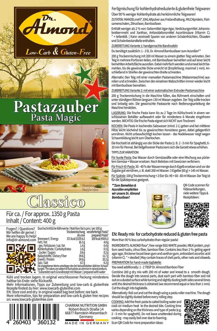 Pastazauber Classico low-carb-glutenfreie Nudeln keto Pastamehl Etikett