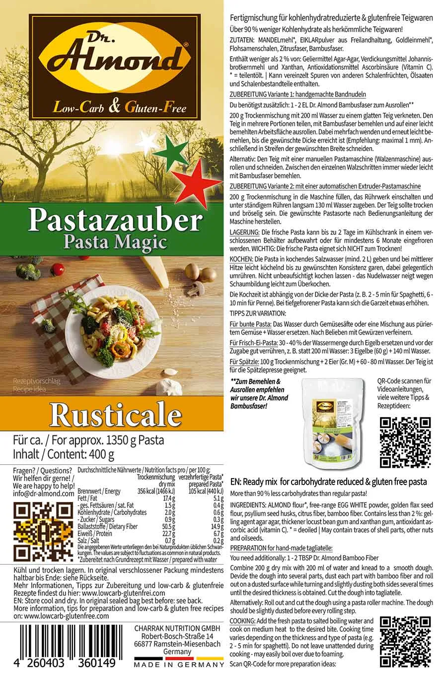 Pastazauber Rusticale low-carb-glutenfreie Nudeln keto Pastamehl Etikett