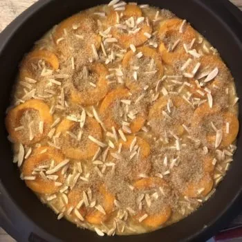 Aprikosen mit einer Kruste aus Mandeln und Karamelltraum - gebettet in einen Rührteig mit Eierlikör-Flavour! Sooo lecker! Ein Stück des Kuchens hat NUR 221kcal und 8g KH - genial oder? Trotz Früchte!