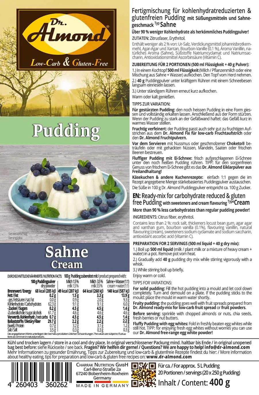 Pudding SAHNE low-carb glutenfrei keto - Puddingpulver ohne Stärke zuckerfrei laktosefrei vegan