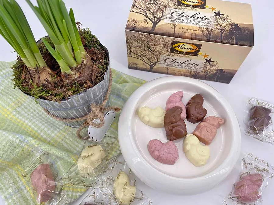 CHOKETO Frühlingsfreunde BUNTER MIX – Low Carb & Keto Schokoladenfiguren – handgemacht