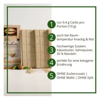 CHOKETO Low Carb & Keto Schokolade WEISSE SAHNE & MANDEL – 3 Tafeln – handgemacht – ohne Zuckerzusatz