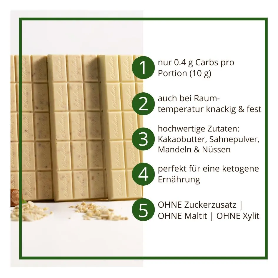CHOKETO Low Carb & Keto Schokolade MIX WEISSE SAHNE – PUR + MANDEL + HASELNUSS – 3 Tafeln – handgemacht