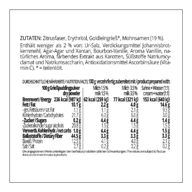 Grießpudding MOHN-VANILLE low-carb glutenfrei keto – Grießbrei ohne Stärke zuckerfrei laktosefrei vegan
