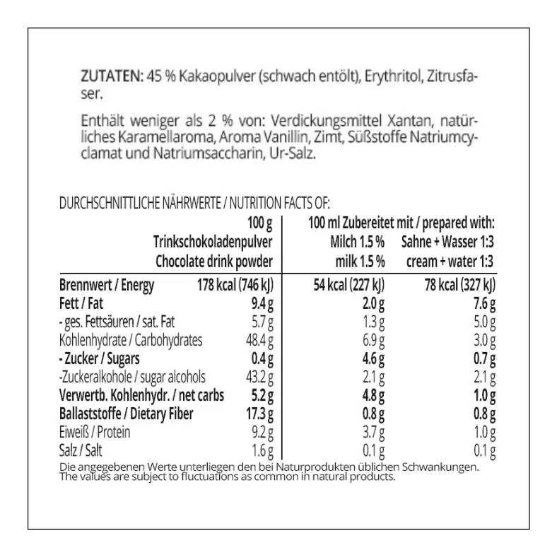 Trinkschokolade TOFFEE - Trinkkakao Kakaopulver low-carb keto glutenfrei sojafrei