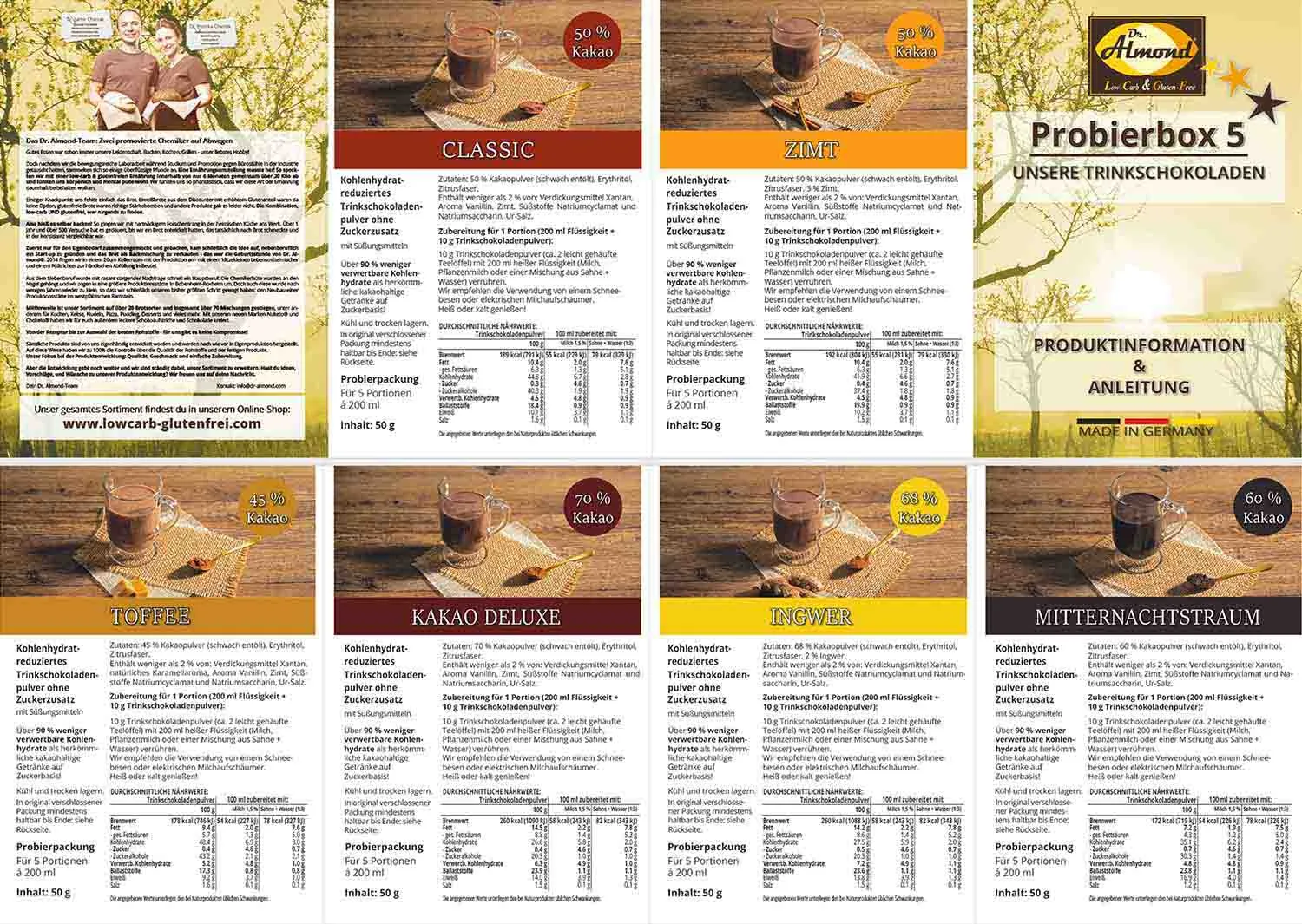 Probierbox 5 Trinkschokolade Trinkkakao Kakaopulver low-carb keto zuckerfrei