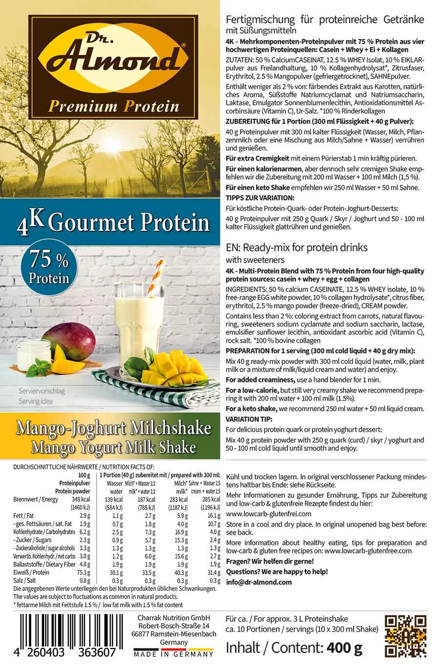 Protein MANGO-JOGHURT MILCHSHAKE Proteinshake Ketoshake Proteinpulver - Etikett