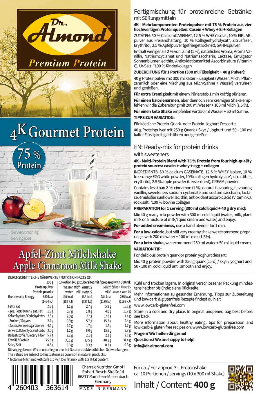 Protein APFEL-ZIMT MILCHSHAKE Proteinshake Ketoshake Proteinpulver - Etikett
