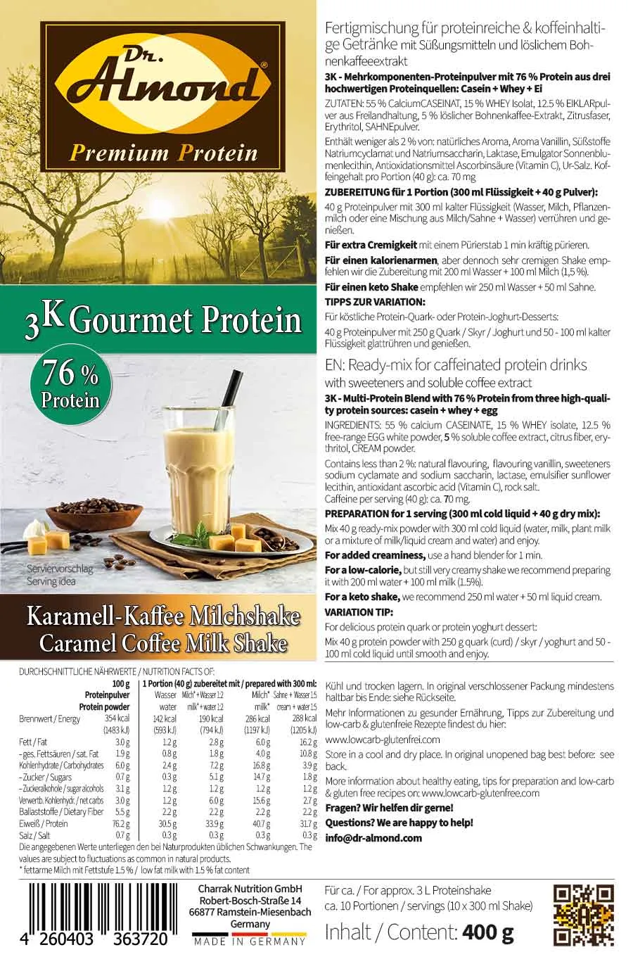 3K Gourmet Protein KARAMELL KAFFEE MILCHSHAKE Mehrkomponenten Proteinshake | Keto Proteinkaffee | 76 % Protein | vegetarisch |
