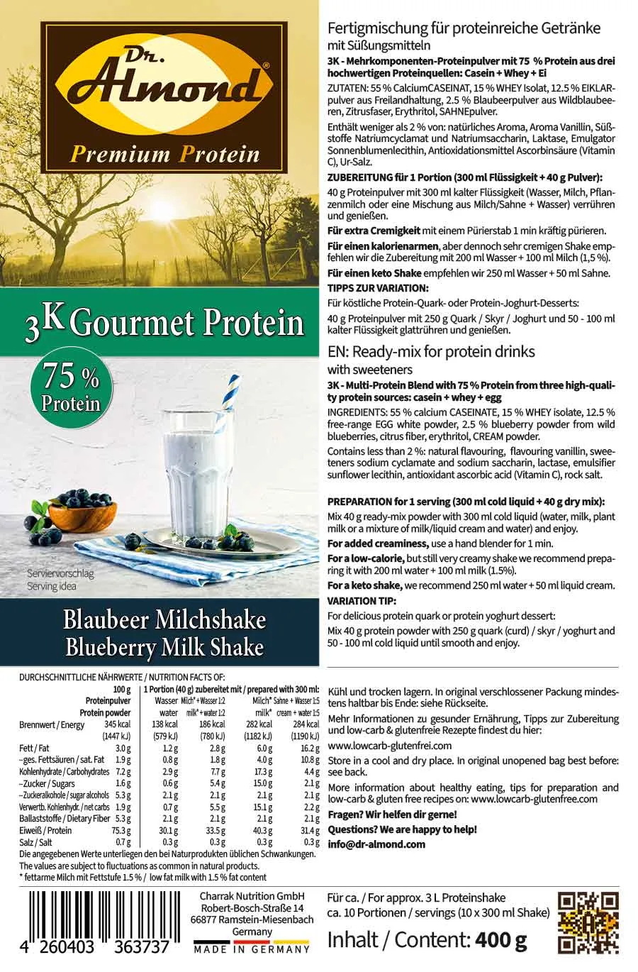 3K Gourmet Protein BLAUBEER MILCHSHAKE Mehrkomponenten Proteinshake | Keto Proteinpulver | 75 % Protein | vegetarisch |