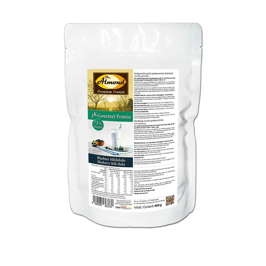 3K Gourmet Protein BLAUBEER MILCHSHAKE Mehrkomponenten Proteinshake | Keto Proteinpulver | 75 % Protein | vegetarisch |