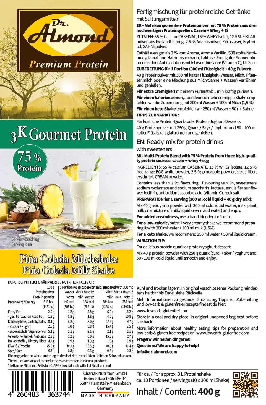 3K Gourmet Protein PINA COLADA MILCHSHAKE Mehrkomponenten Proteinshake | Keto Proteinpulver | 75 % Protein | vegetarisch Etikett