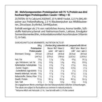 3K Gourmet Protein BLAUBEER MILCHSHAKE Mehrkomponenten Proteinshake | Keto Proteinpulver | 75 % Protein | vegetarisch | Zutaten Nährwerte