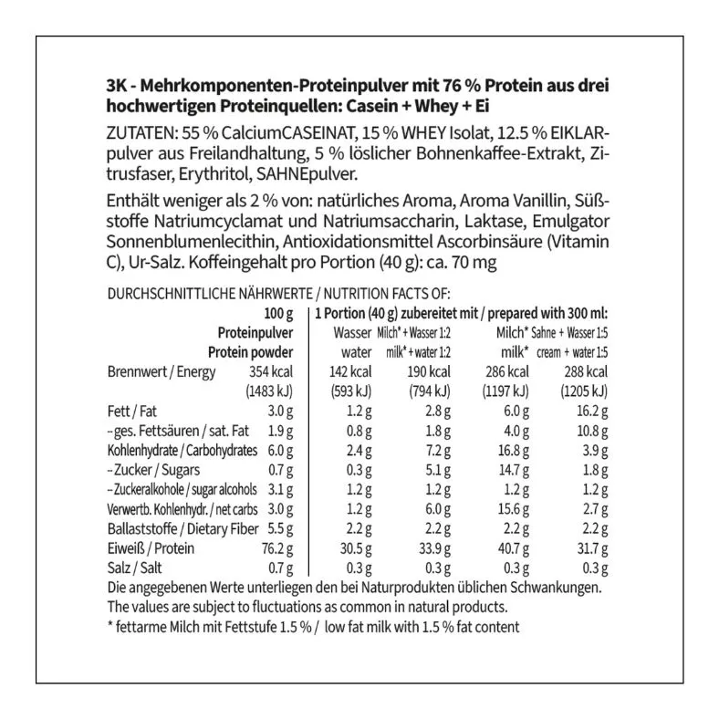 3K Gourmet Protein KARAMELL KAFFEE MILCHSHAKE Mehrkomponenten Proteinshake | Keto Proteinkaffee | 76 % Protein | vegetarisch | Zutaten Nährwerte