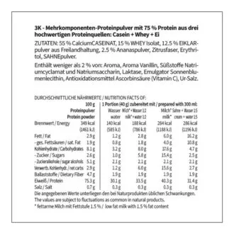 3K Gourmet Protein PINA COLADA MILCHSHAKE Mehrkomponenten Proteinshake | Keto Proteinpulver | 75 % Protein | vegetarisch Zutaten Nährwerte