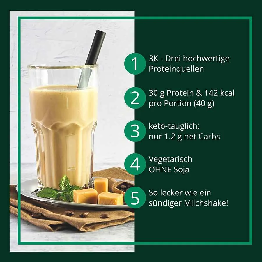 3K Gourmet Protein KARAMELL KAFFEE MILCHSHAKE Mehrkomponenten Proteinshake | Keto Proteinkaffee | 76 % Protein | vegetarisch |
